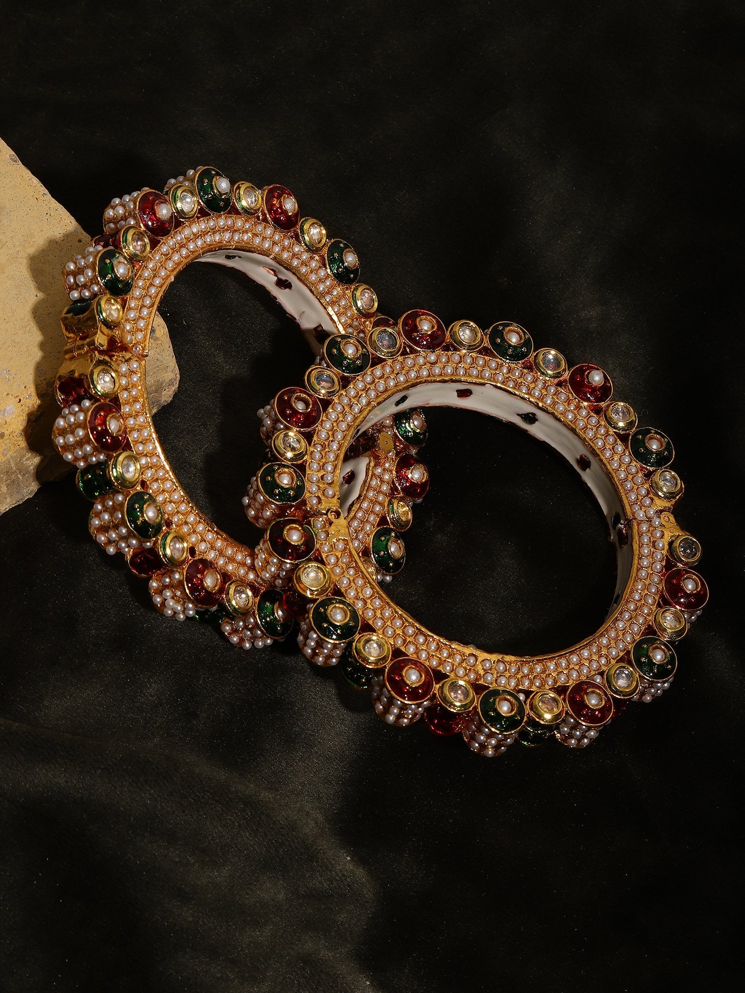 Pearl Meenakari Handcrafted Heavy Bangles (set of 2) - Ruby Raang