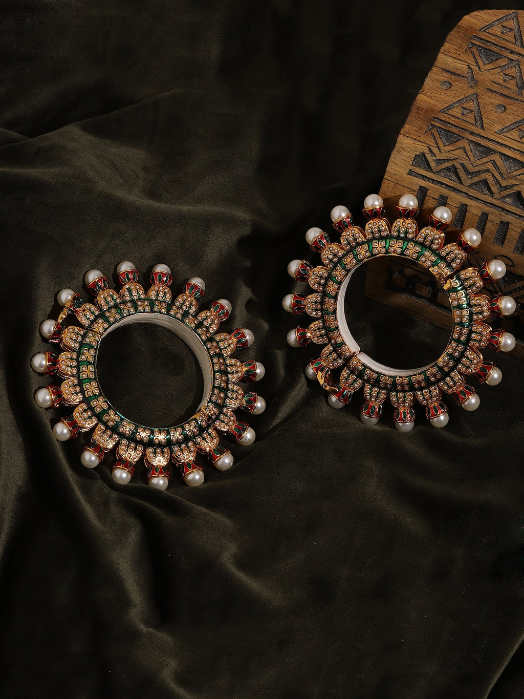 Oversized Pearl Meenakari Handcrafted Heavy Bangles (set of 2) - Ruby Raang
