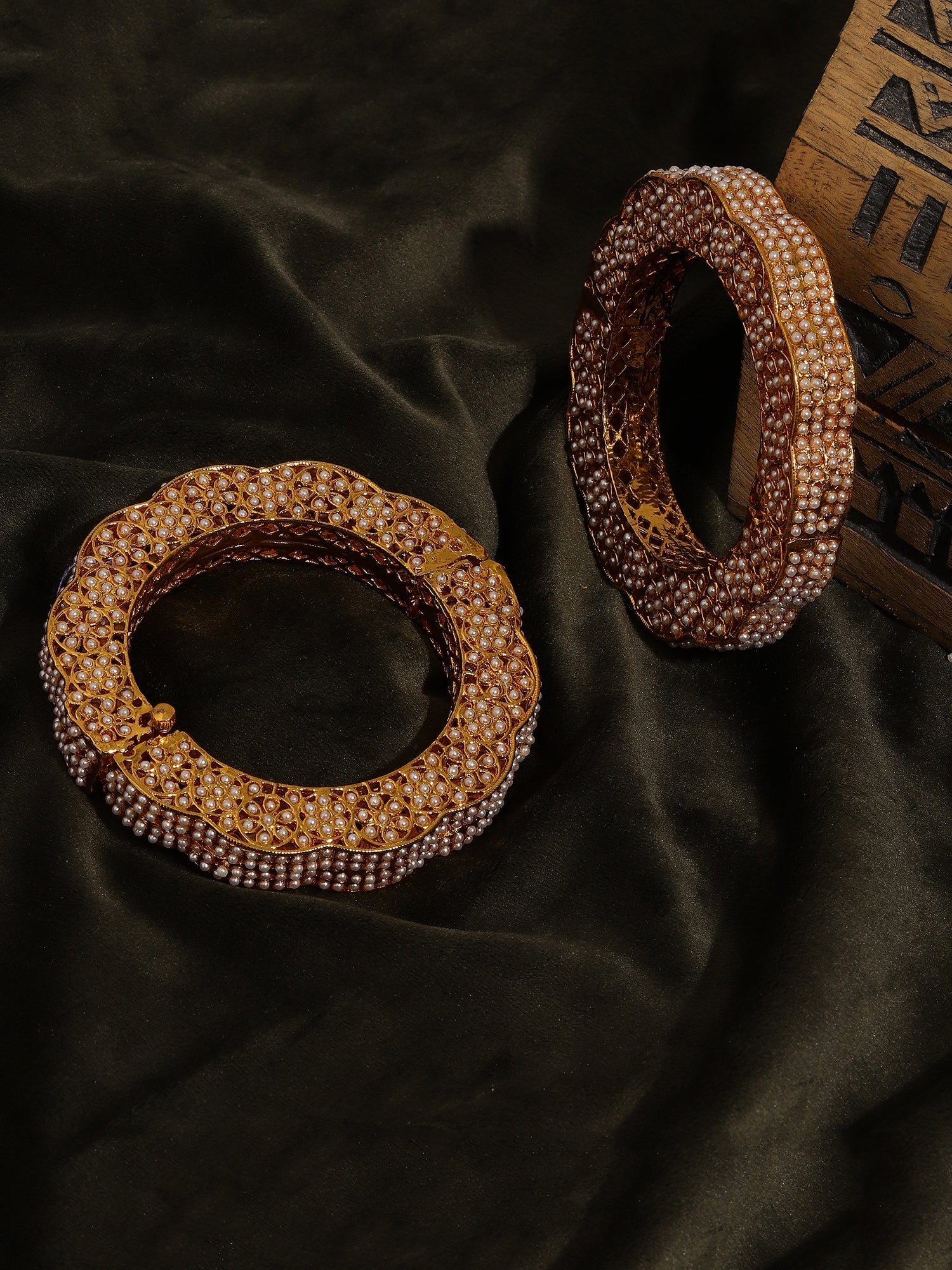 Golden Pearl Handcrafted Heavy Bangles (set of 2) - Ruby Raang
