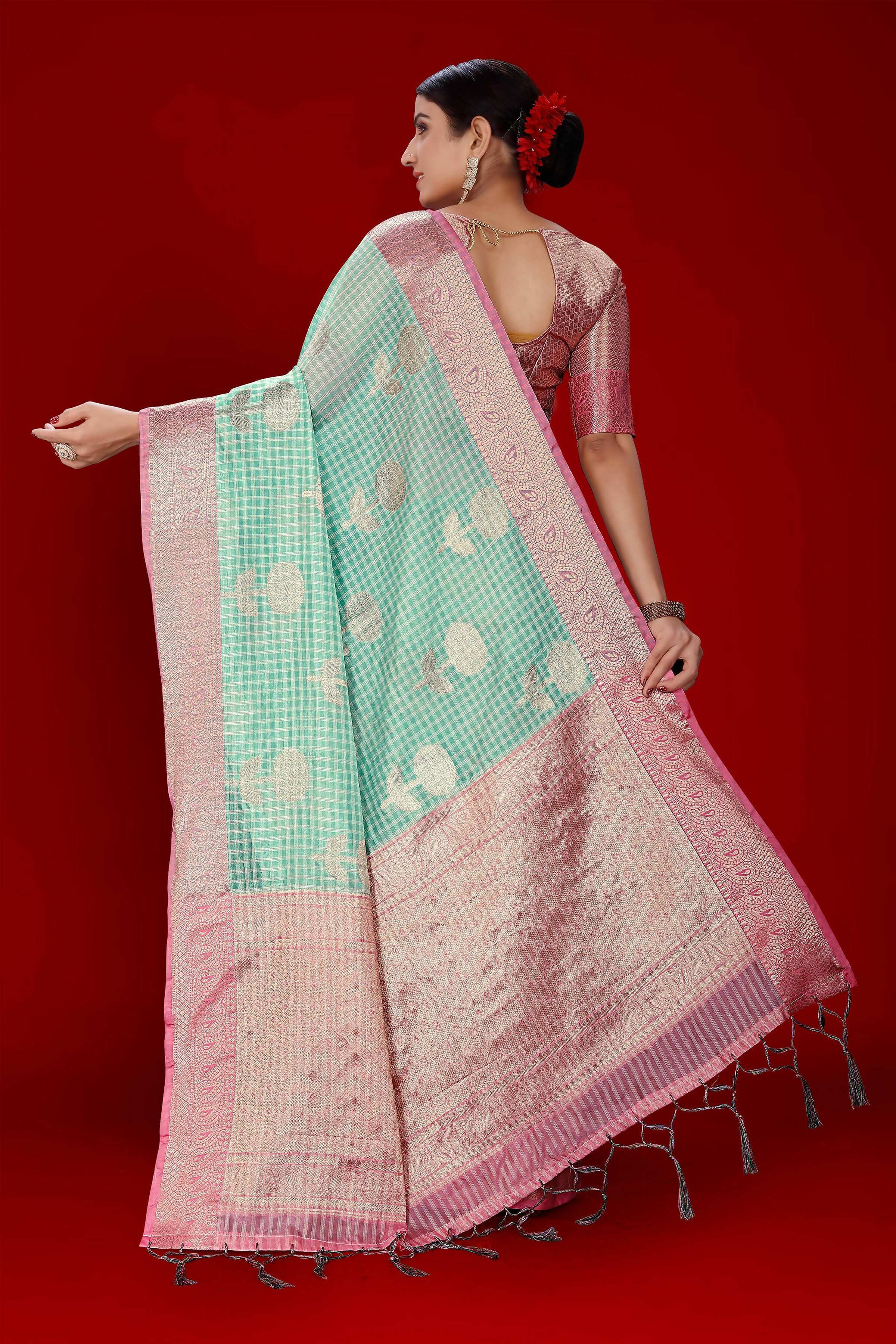 Sky Blue Soft Organza Woven Design Saree With Unstitched Blouse Piece - Zaara