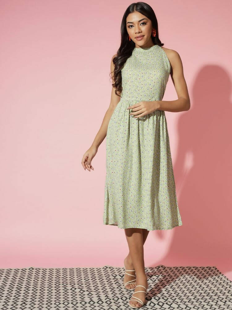 Myshka Women Green Ethnic Motifs Rayon A-Line Round Neck Dress