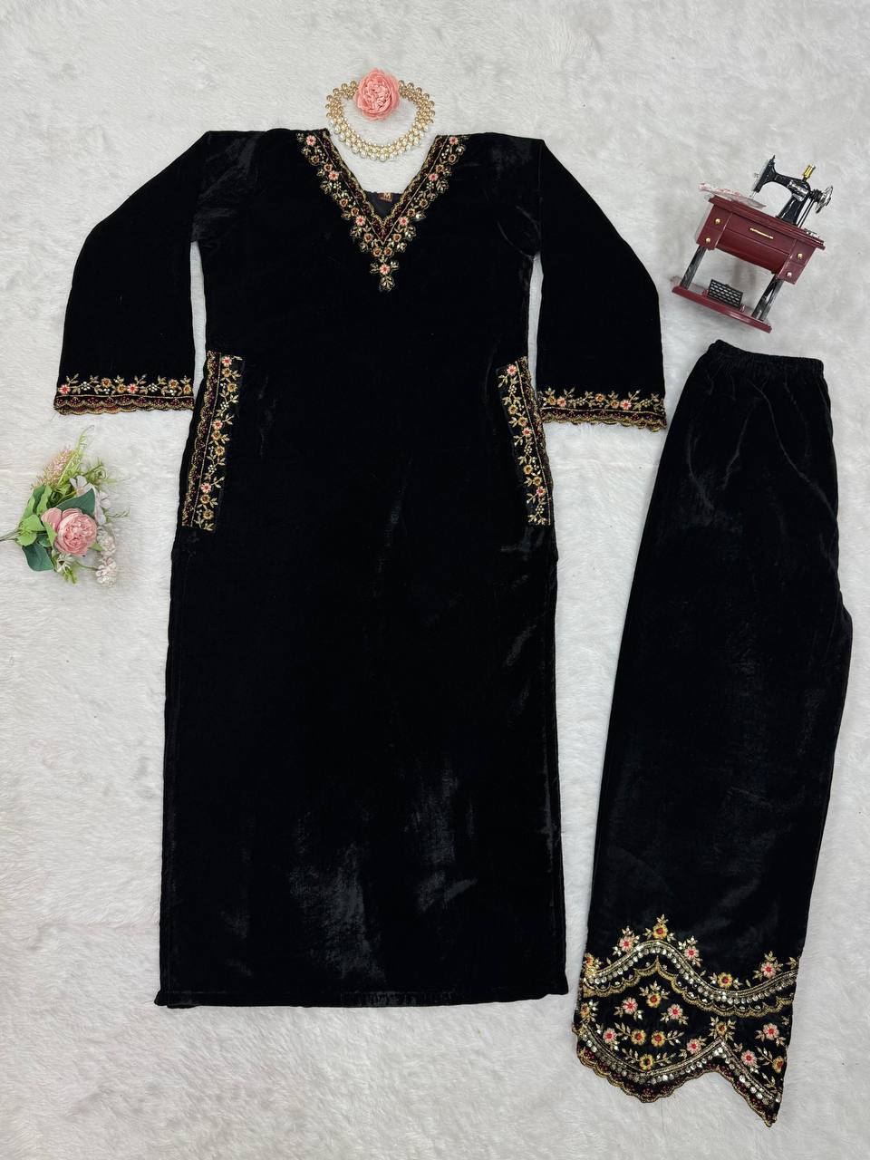 Prazu Fashion Black Viscose Velvet Thread Sequence Salwar Suit