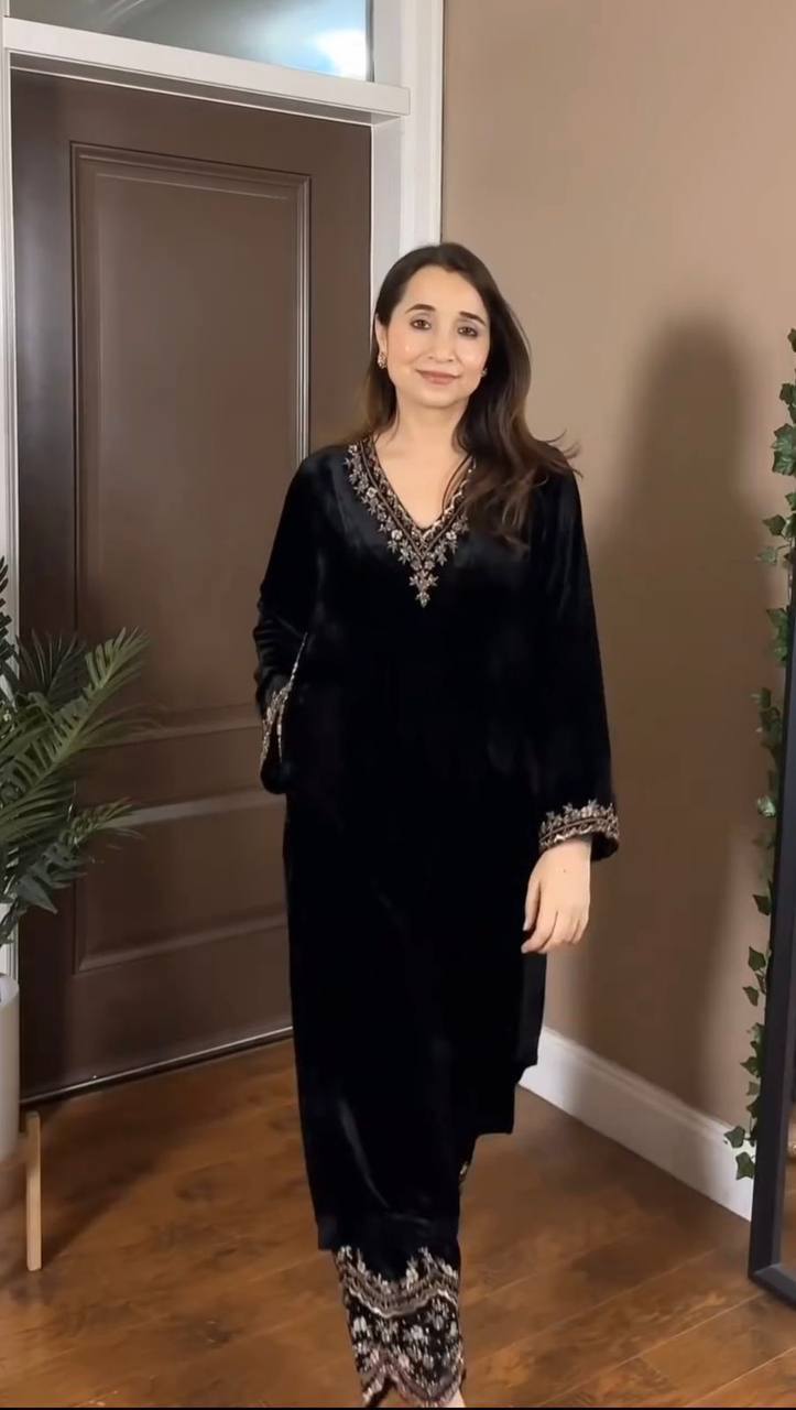 Prazu Fashion Black Viscose Velvet Thread Sequence Salwar Suit