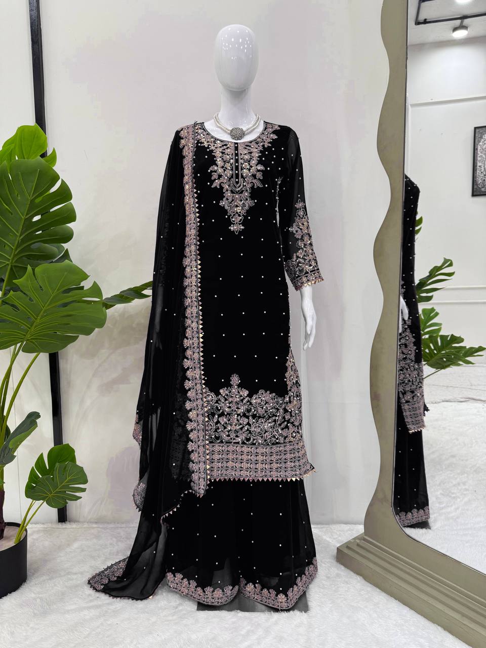 Prazu Fashion Black Georgette Sequin With Rivet Moti Palazzo Suit
