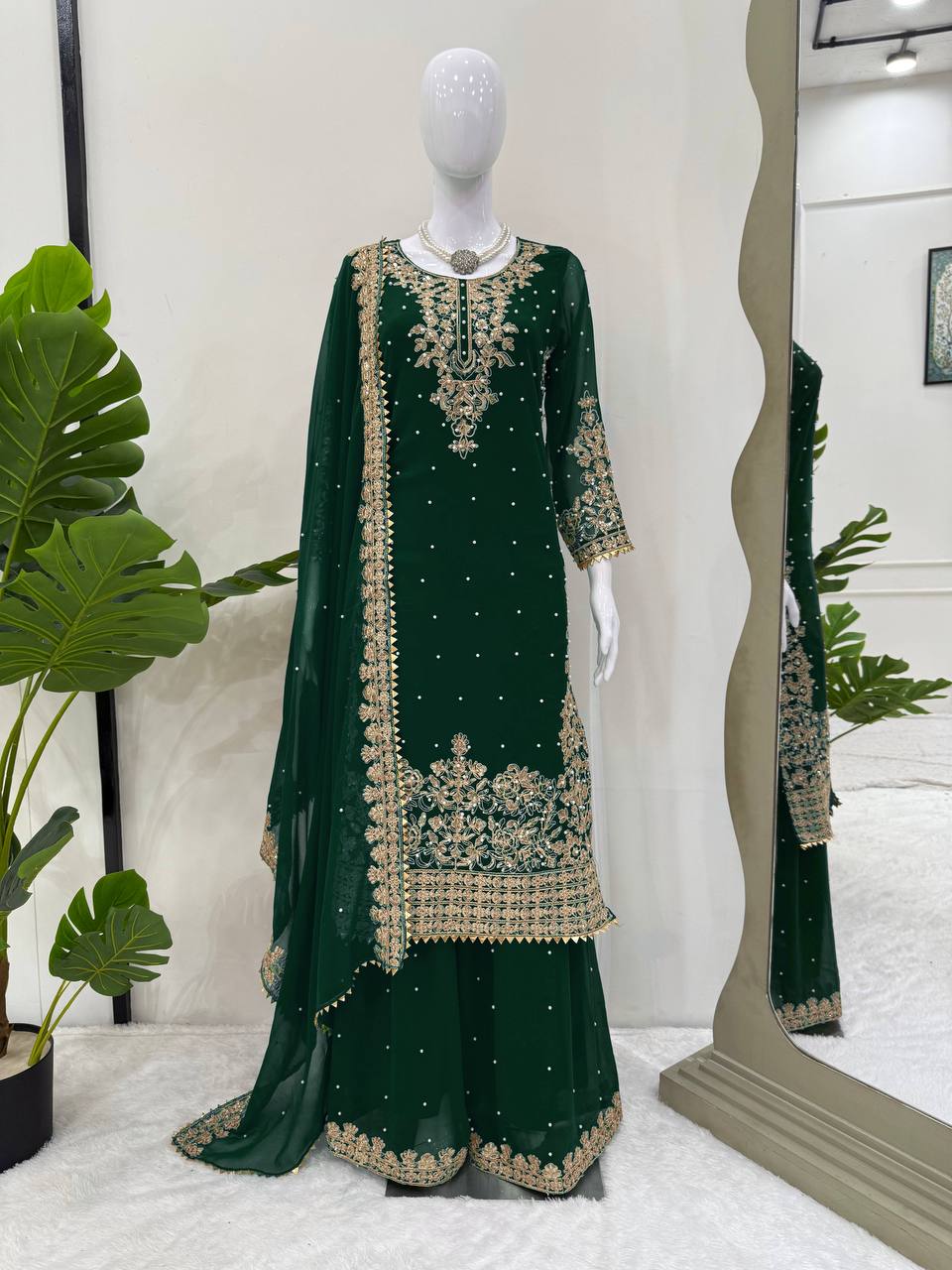 Prazu Fashion Green Georgette Sequin With Rivet Moti Palazzo Suit