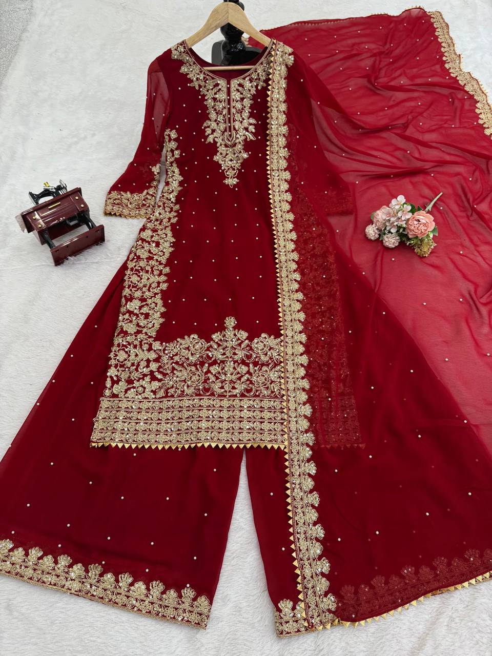 Prazu Fashion Maroon Georgette Sequin With Rivet Moti Palazzo Suit
