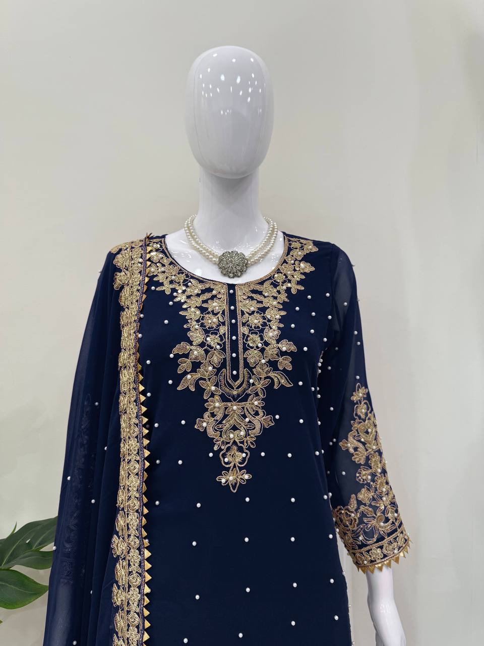 Prazu Fashion Navy Blue Georgette Sequin With Rivet Moti Palazzo Suit