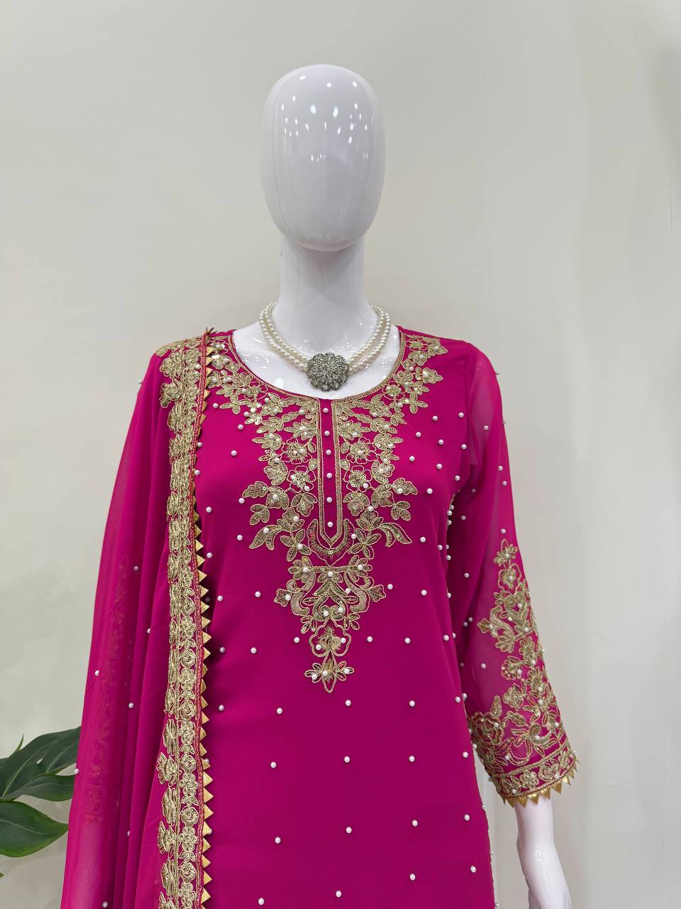 Prazu Fashion Pink Georgette Sequin With Rivet Moti Palazzo Suit