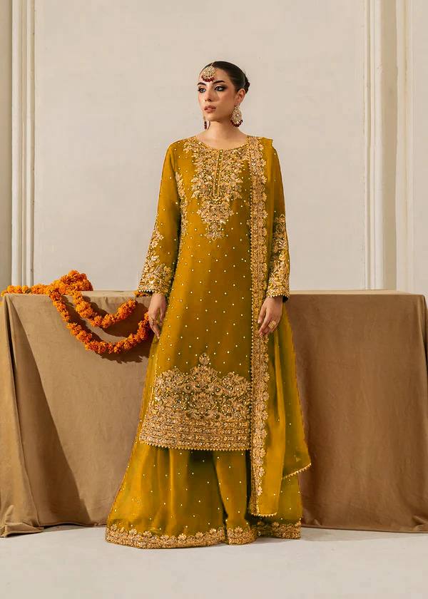 Prazu Fashion Yellow Georgette Sequence With Rivet Moti Palazzo Suit