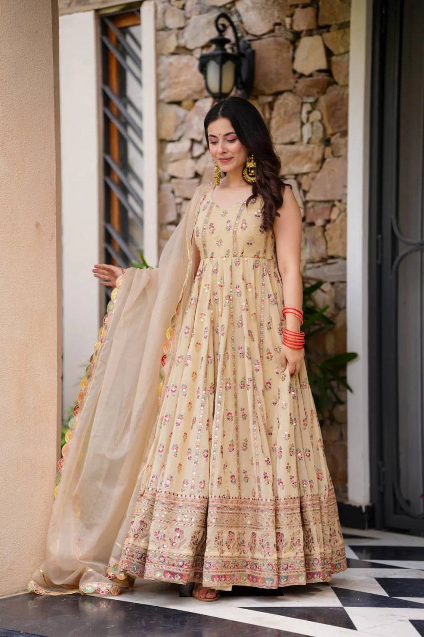 Prazu Fashion Cream Georgette Thread Sequin Anarkali Suit