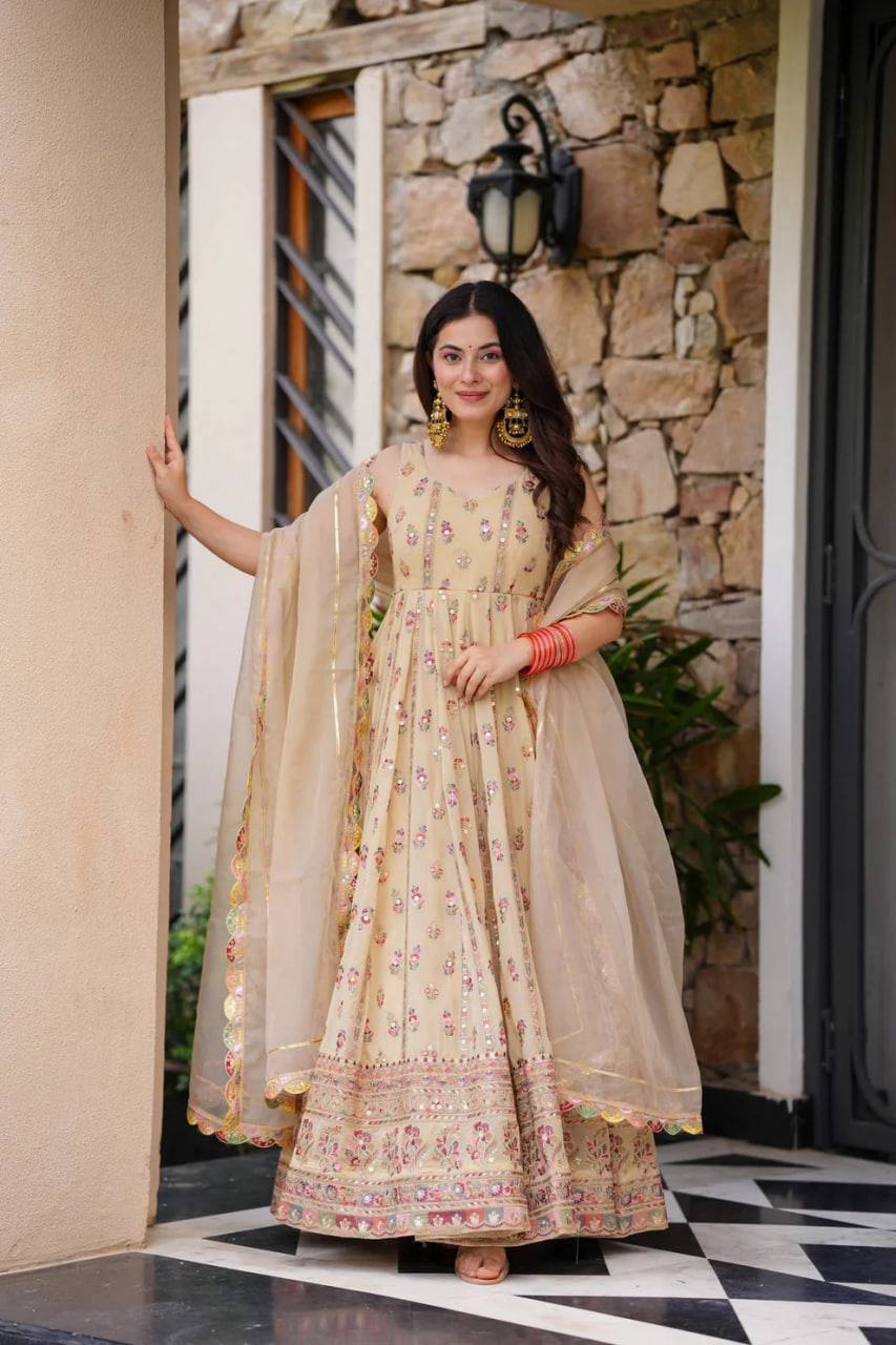 Prazu Fashion Cream Georgette Thread Sequin Anarkali Suit