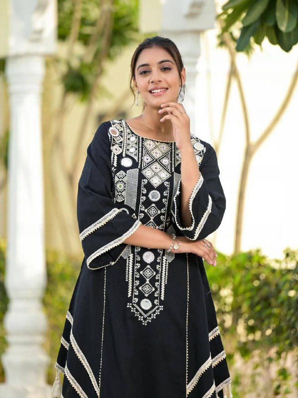 Prazu Fashion Black Rayon Cotton Thread Real Mirror Palazzo Suit