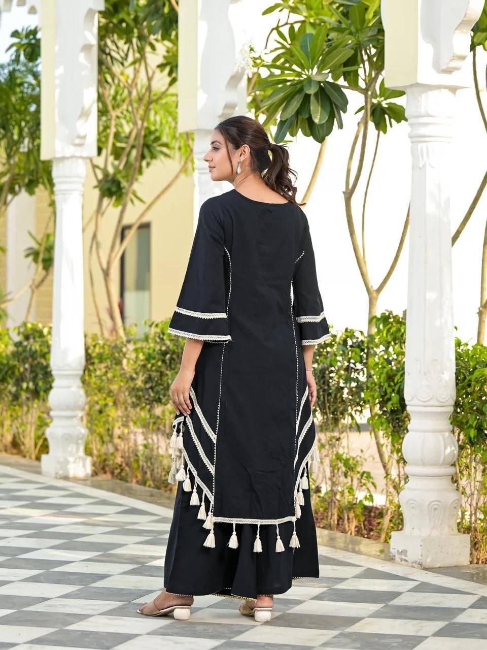 Prazu Fashion Black Rayon Cotton Thread Real Mirror Palazzo Suit