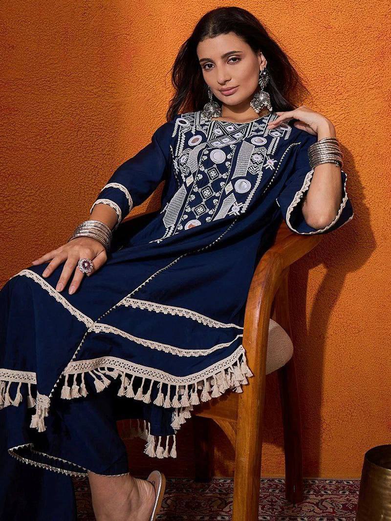 Prazu Fashion Blue Rayon Cotton Thread Real Mirror Palazzo Suit