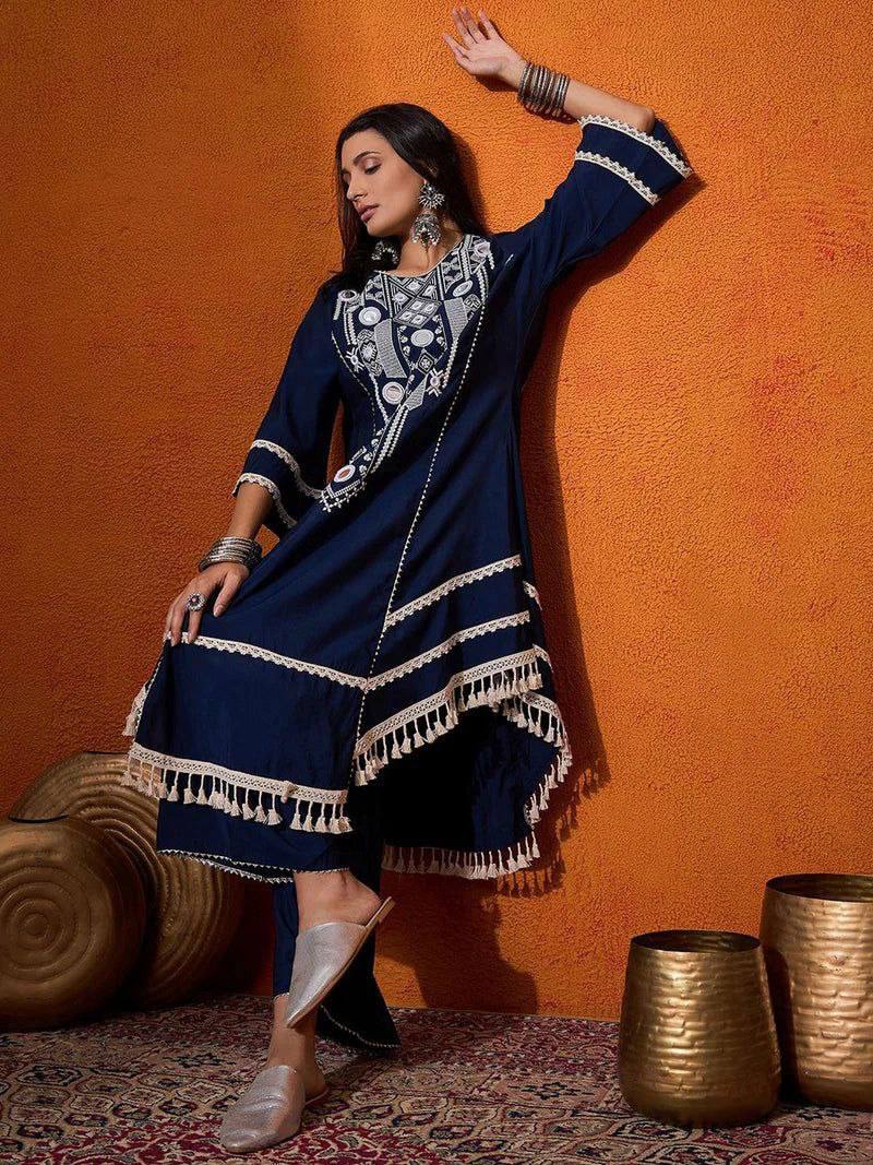 Prazu Fashion Blue Rayon Cotton Thread Real Mirror Palazzo Suit