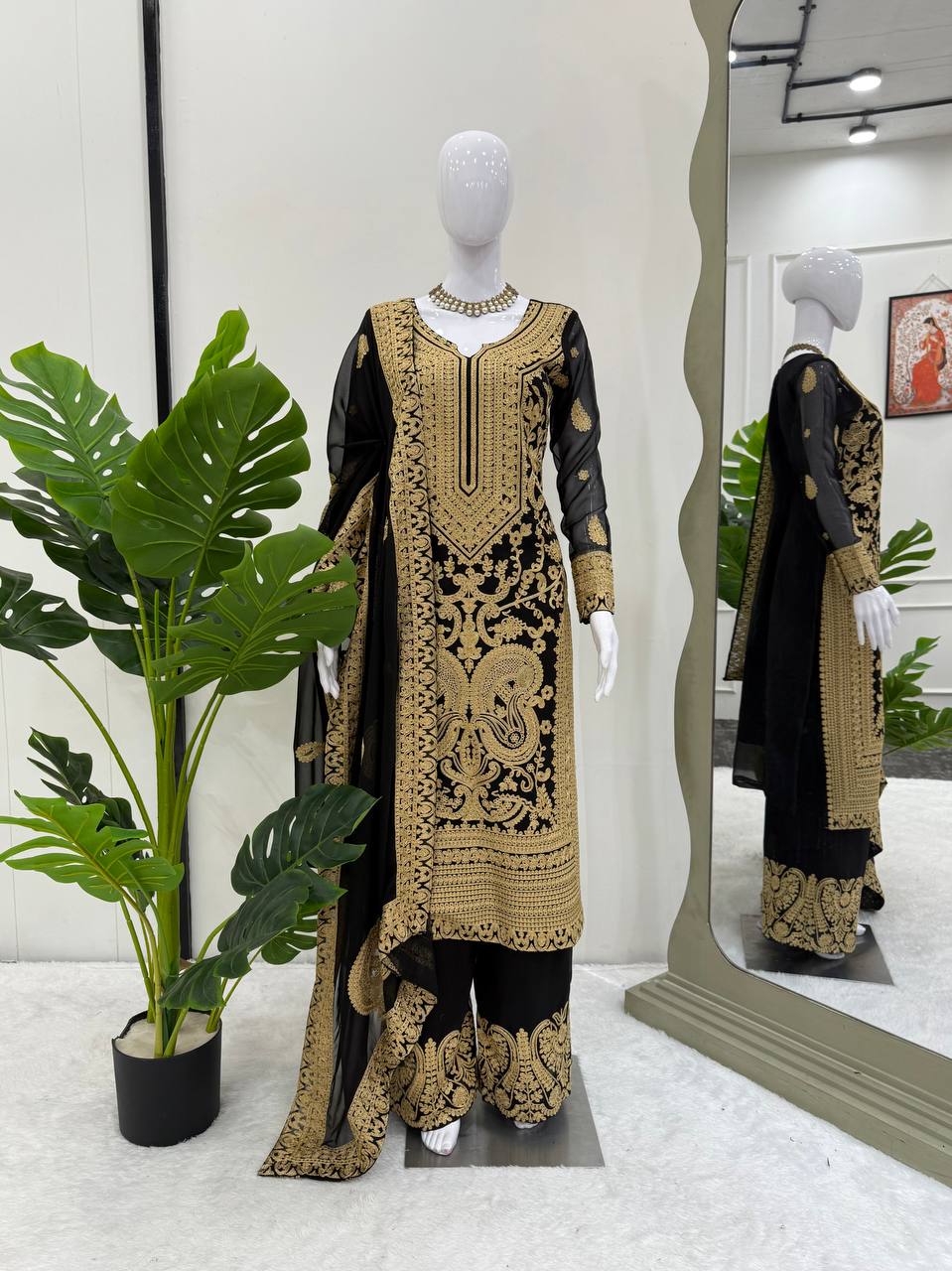 Prazu Fashion Black Georgette Chinestich Designer Palazzo Suit
