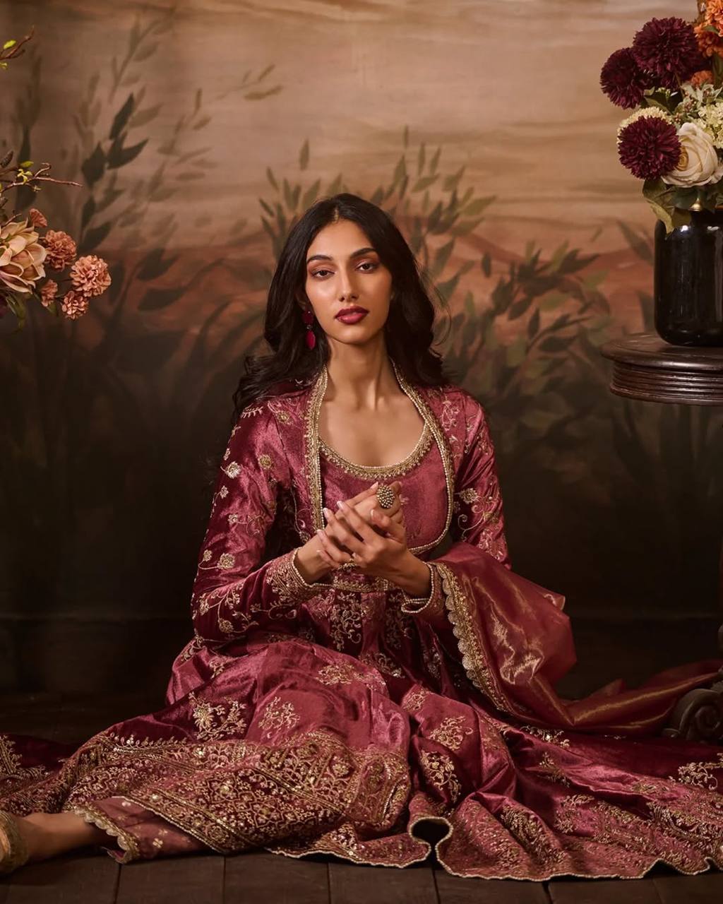 Prazu Fashion Wine Japan Satin Thread Sequin Anarkali Suit