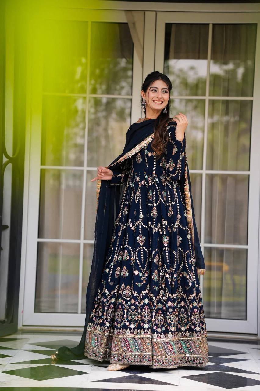 Prazu Fashion Blue Georgette Thread Sequin Anarkali Suit