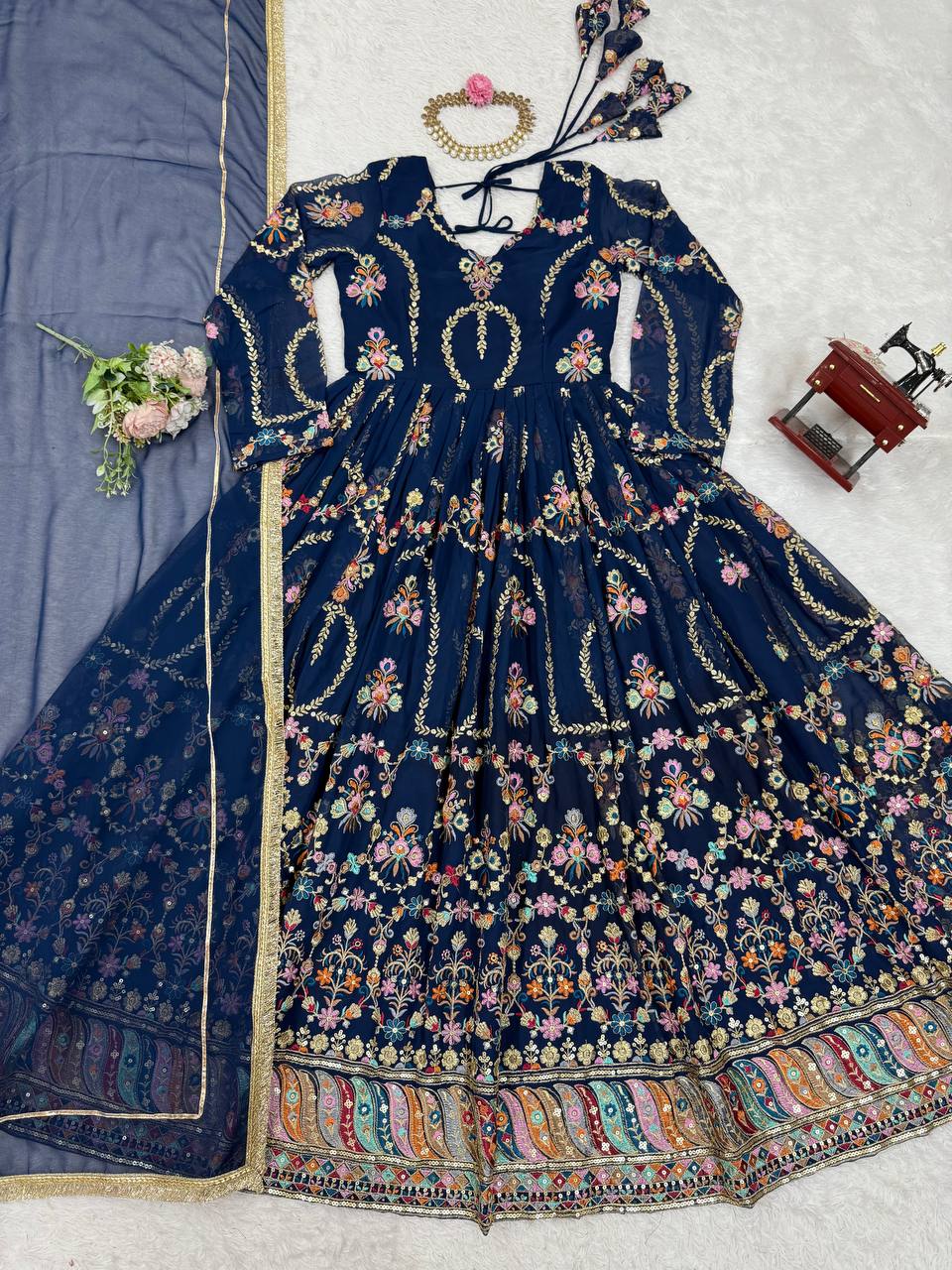 Prazu Fashion Blue Georgette Thread Sequin Anarkali Suit