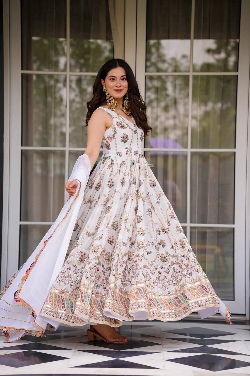 Prazu Fashion Off White Georgette Thread Sequin Anarkali Suit