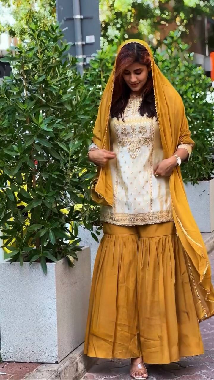 Prazu Fashion Off White Crepe Thread Sequin Sharara Suit