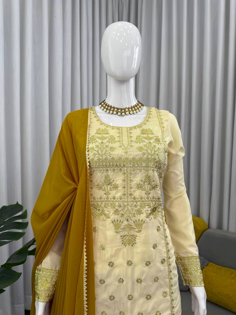 Prazu Fashion Off White Crepe Thread Sequin Sharara Suit