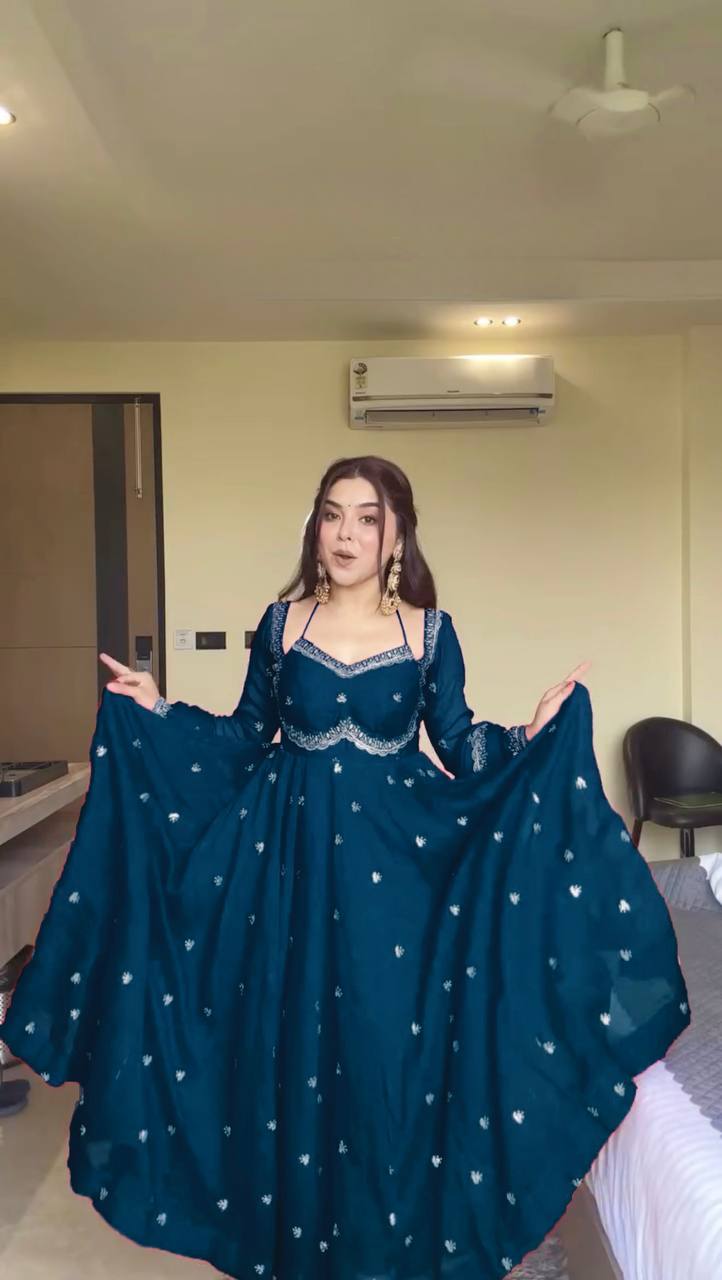 Prazu Fashion Teal Blue Georgette Thread Sequence Anarkali Suit