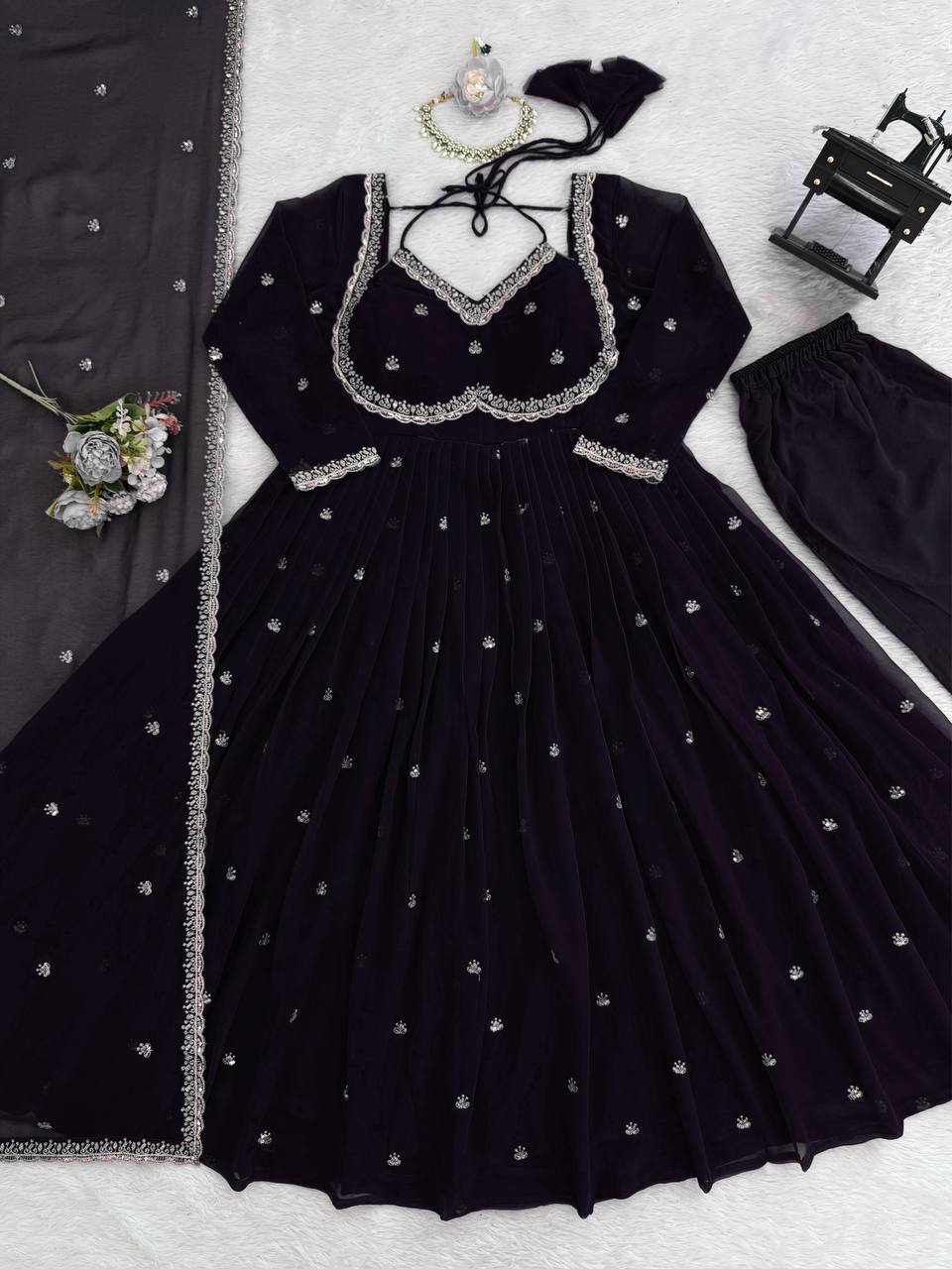 Prazu Fashion Black Georgette Thread Sequence Anarkali Suit