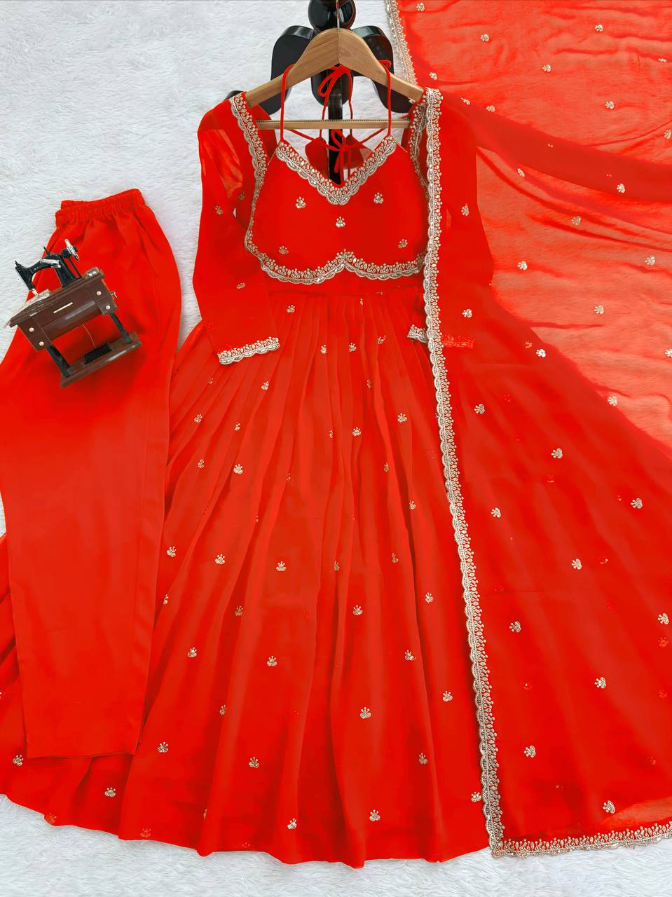 Prazu Fashion Red Georgette Thread Sequin Anarkali Suit