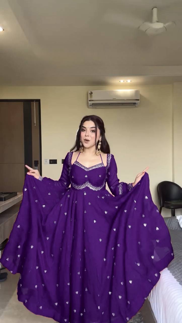 Prazu Fashion Violet Georgette Thread Sequin Anarkali Suit