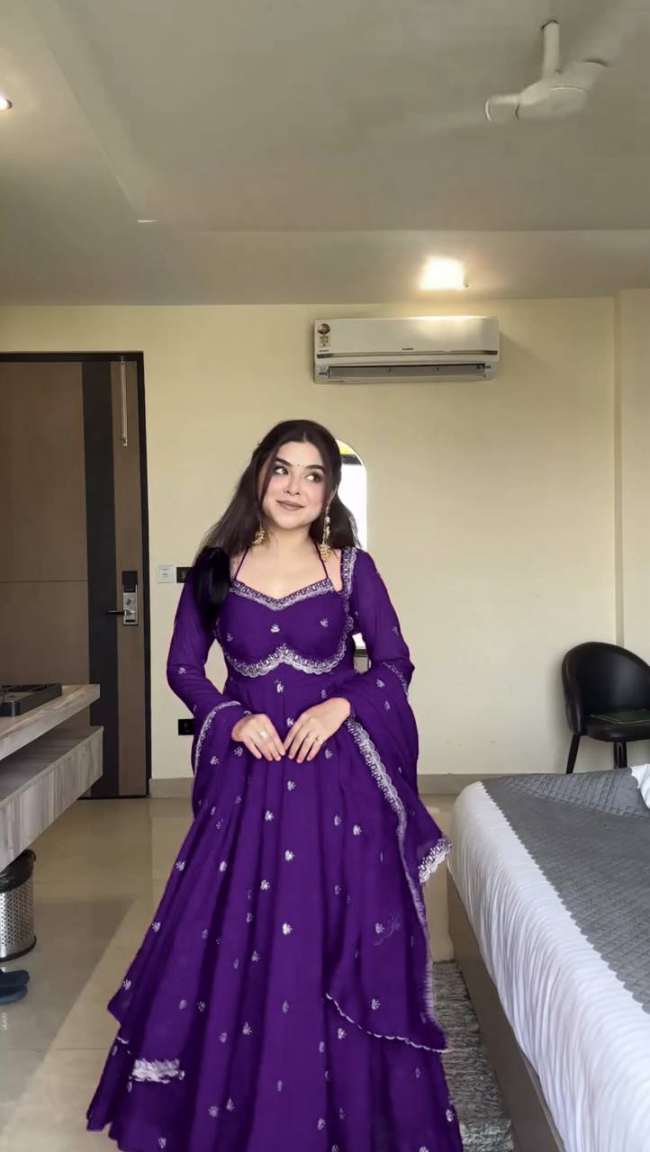 Prazu Fashion Violet Georgette Thread Sequin Anarkali Suit