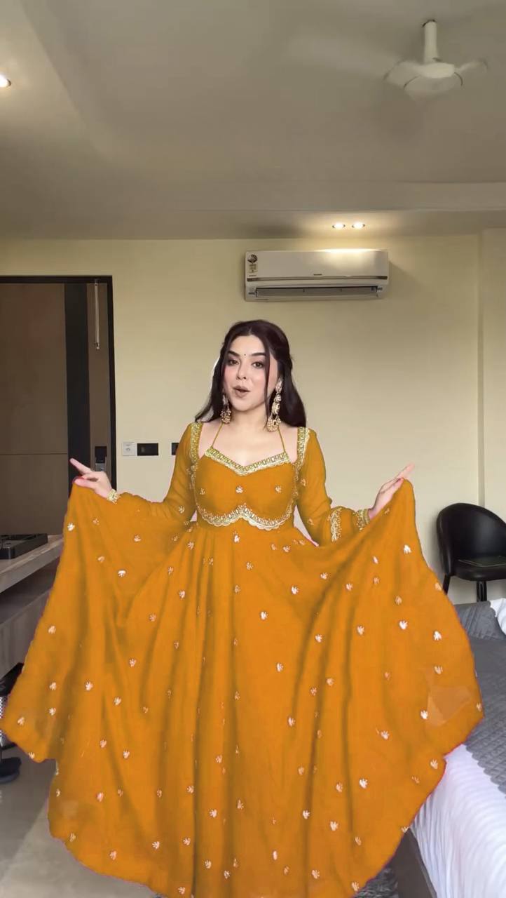 Prazu Fashion Yellow Georgette Thread Sequence Anarkali Suit