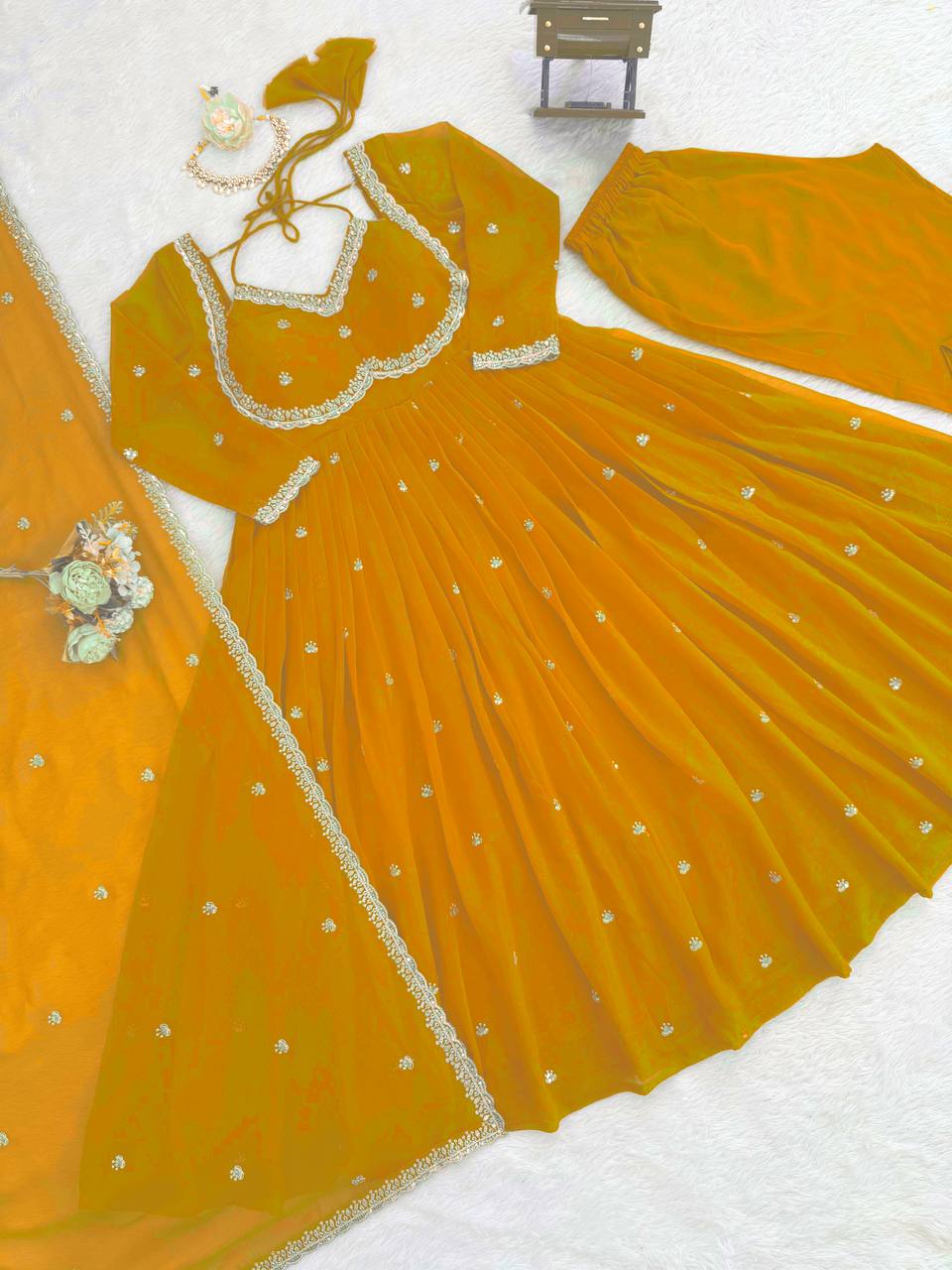 Prazu Fashion Yellow Georgette Thread Sequence Anarkali Suit