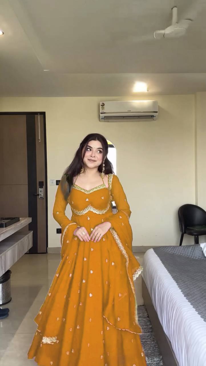 Prazu Fashion Yellow Georgette Thread Sequence Anarkali Suit