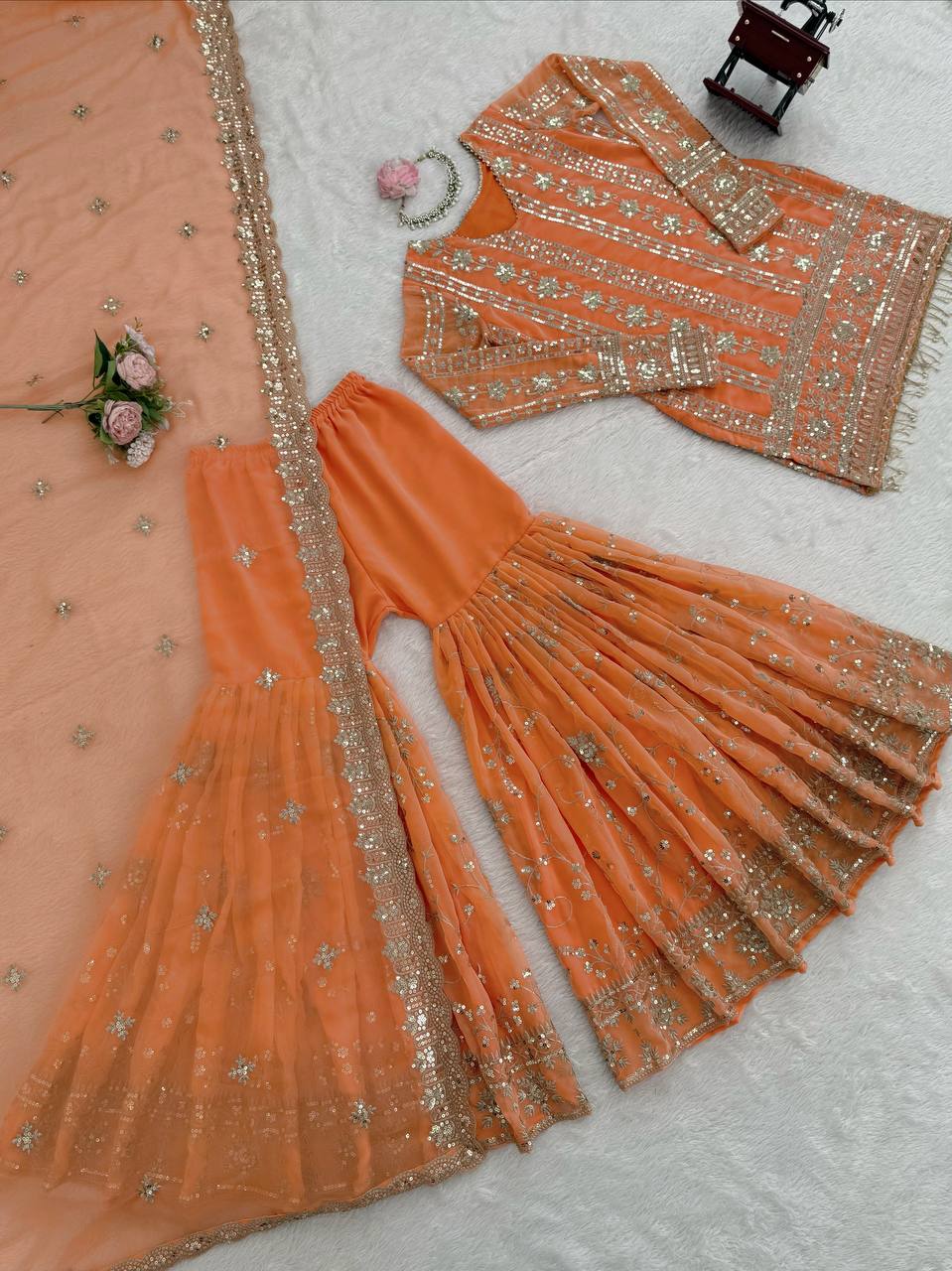 Prazu Fashion Orange Georgette Thread Sequin Sharara Suit