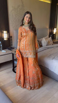 Prazu Fashion Orange Georgette Thread Sequin Sharara Suit