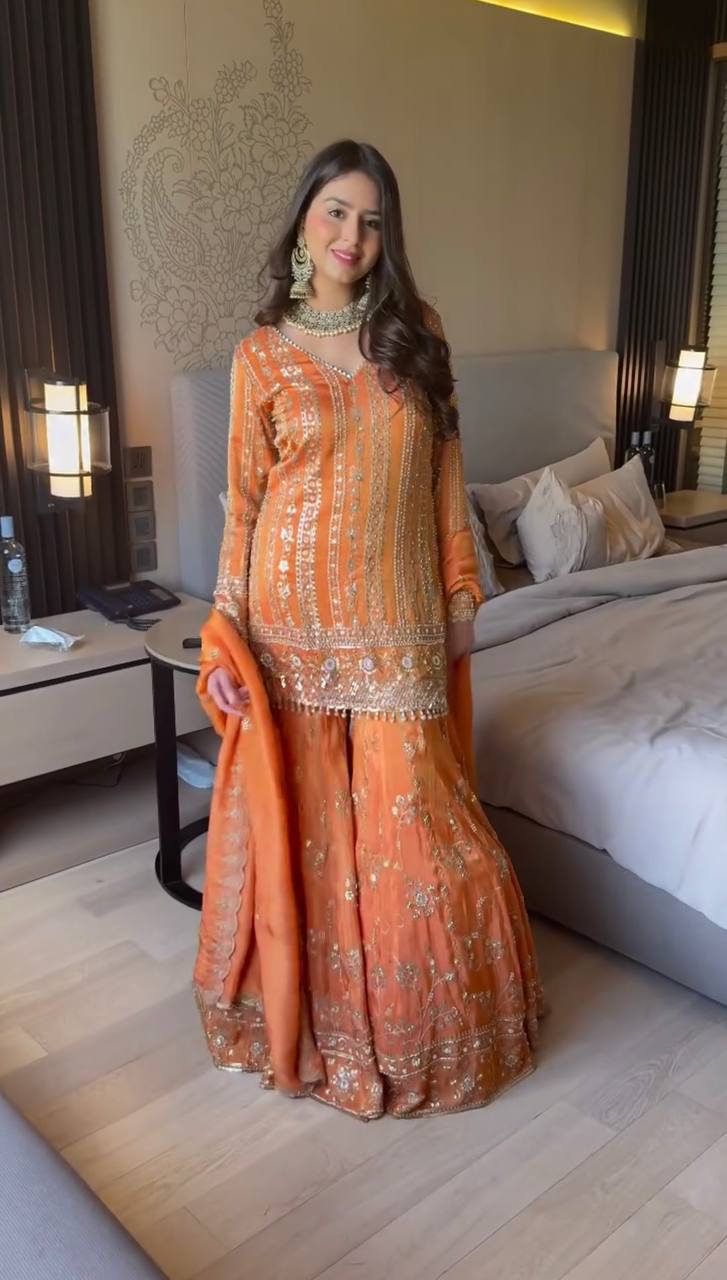 Prazu Fashion Orange Georgette Thread Sequin Sharara Suit