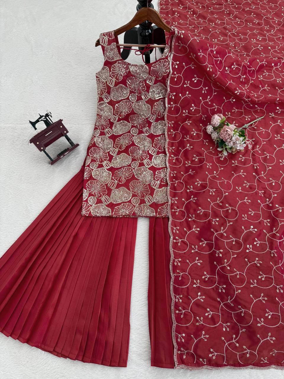Prazu Fashion Maroon Simmer Silk Thread Sequin Sharara Suit