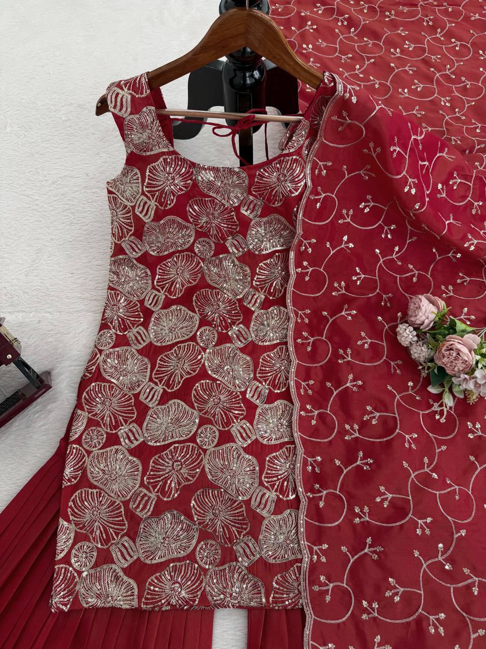 Prazu Fashion Maroon Simmer Silk Thread Sequin Sharara Suit