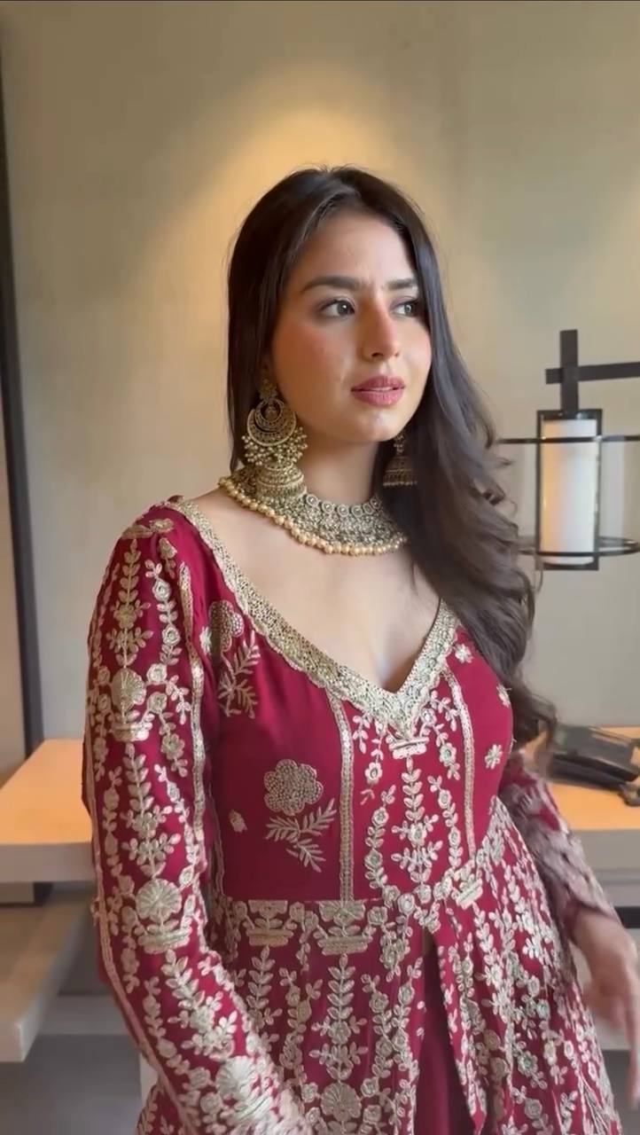 Prazu Fashion Maroon Georgette Thread Sequin Lehenga Style Suit