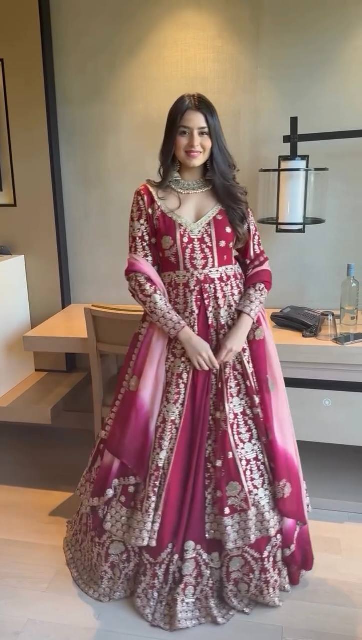 Prazu Fashion Maroon Georgette Thread Sequin Lehenga Style Suit