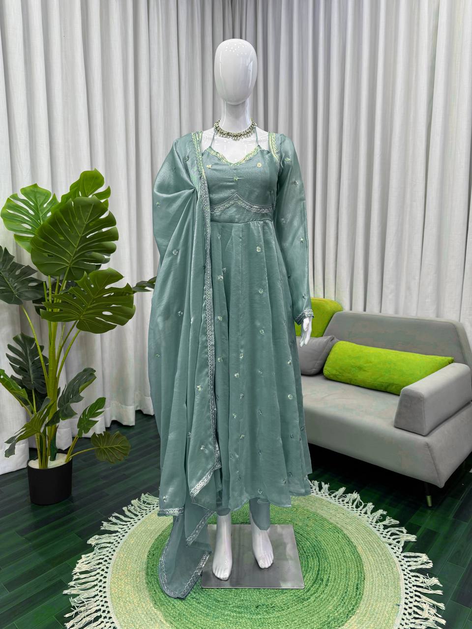Prazu Fashion Dusty Mint Green Fendy Silk Thread Sequence Anarkali Suit