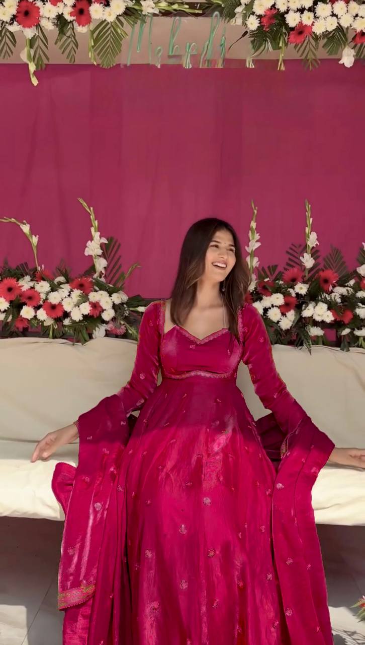 Prazu Fashion Pink Fendy Silk Thread Sequence Anarkali Suit