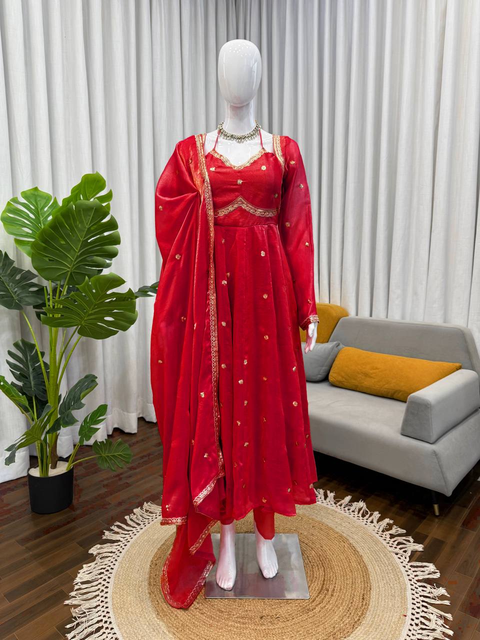 Prazu Fashion Red Fendy Silk Thread Sequence Anarkali Suit