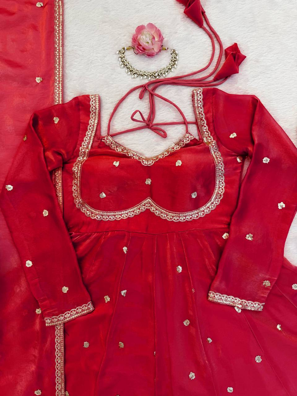 Prazu Fashion Red Fendy Silk Thread Sequence Anarkali Suit