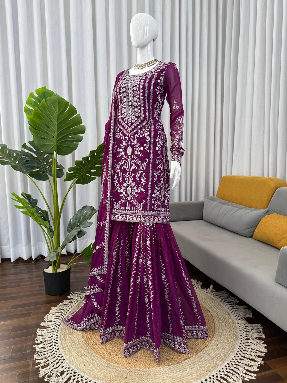 Prazu Fashion Purple Georgette Thread Sequence Sharara Suit