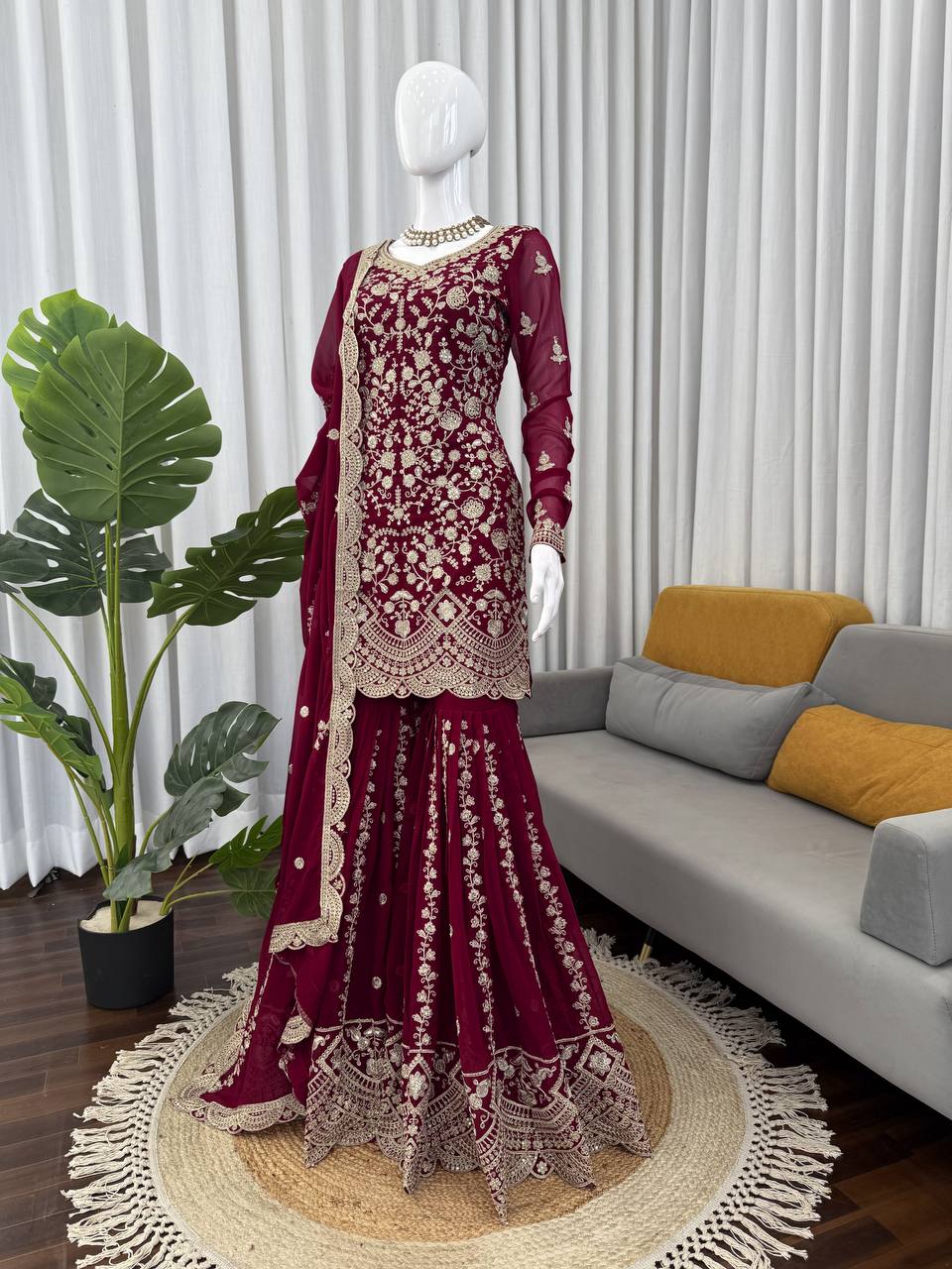 Prazu Fashion Wine Georgette Thread Sequence Sharara Suit