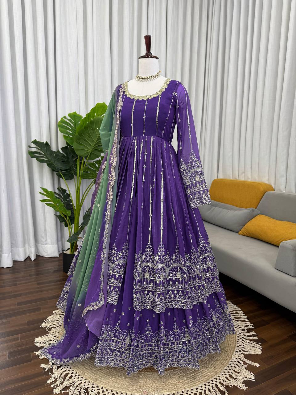 Prazu Fashion Blue Georgette Sequins Lehenga Style Wedding Suit