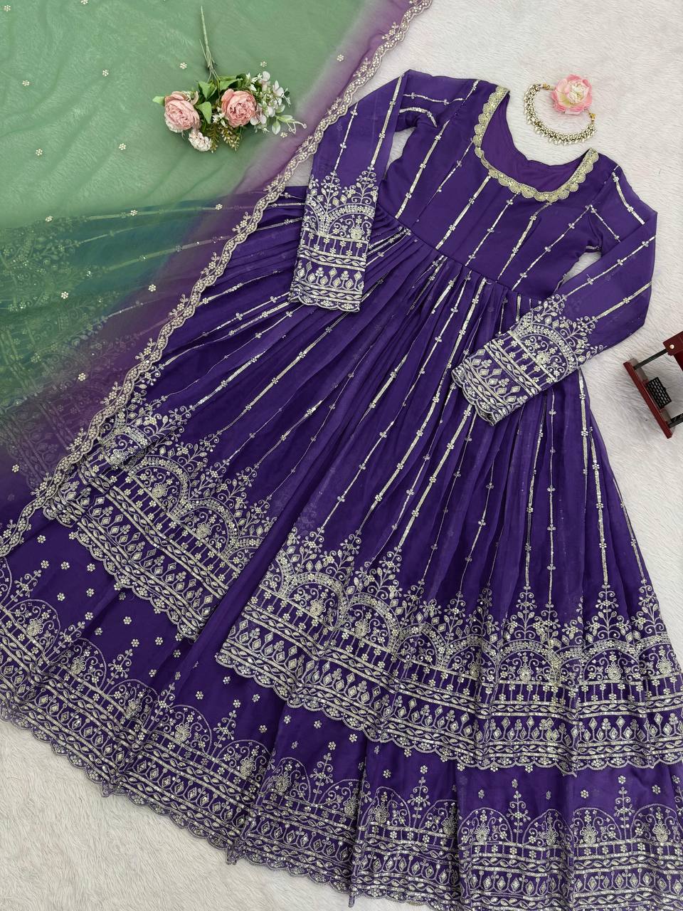 Prazu Fashion Blue Georgette Sequins Lehenga Style Wedding Suit