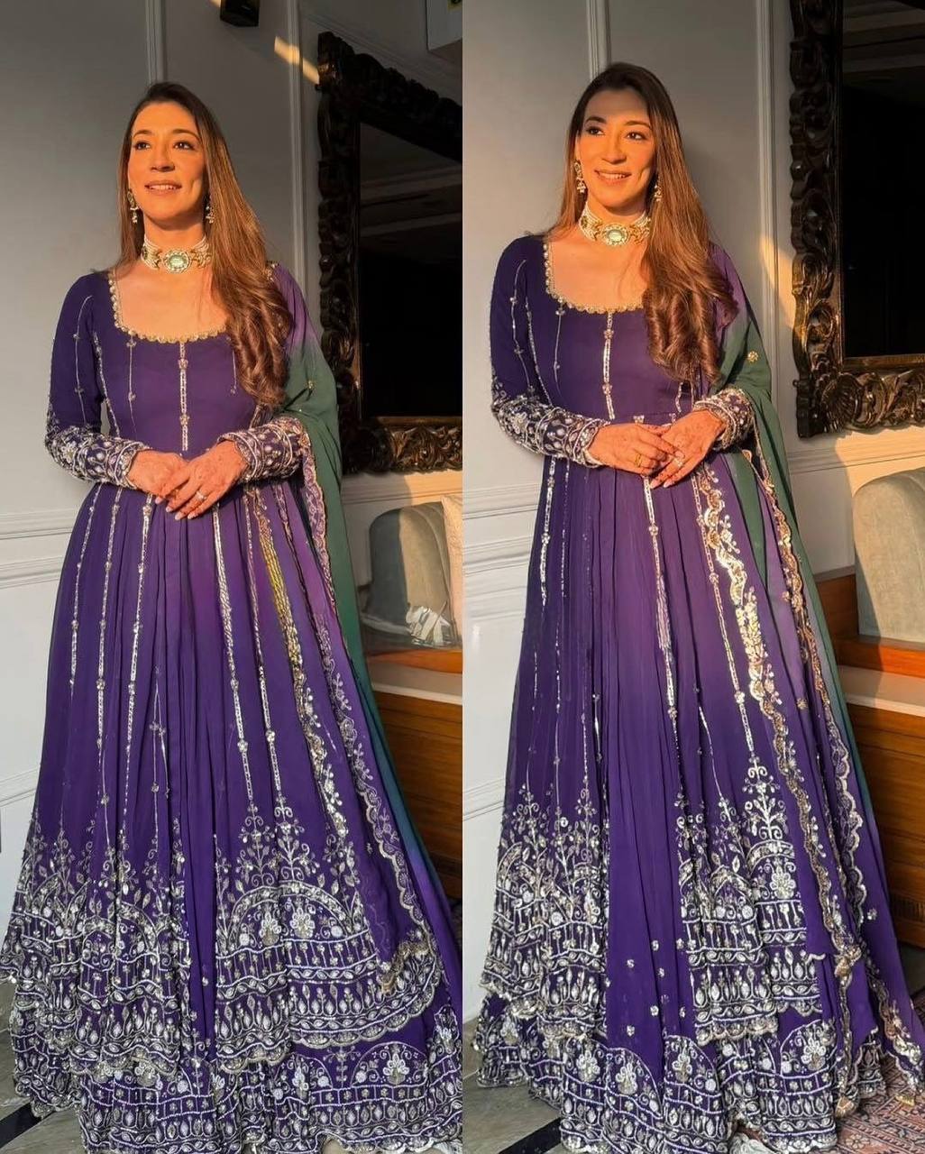Prazu Fashion Blue Georgette Sequins Lehenga Style Wedding Suit